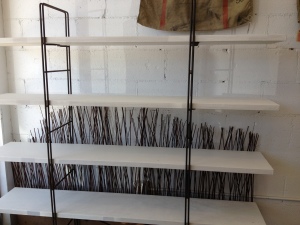 muslin covered book shelves
